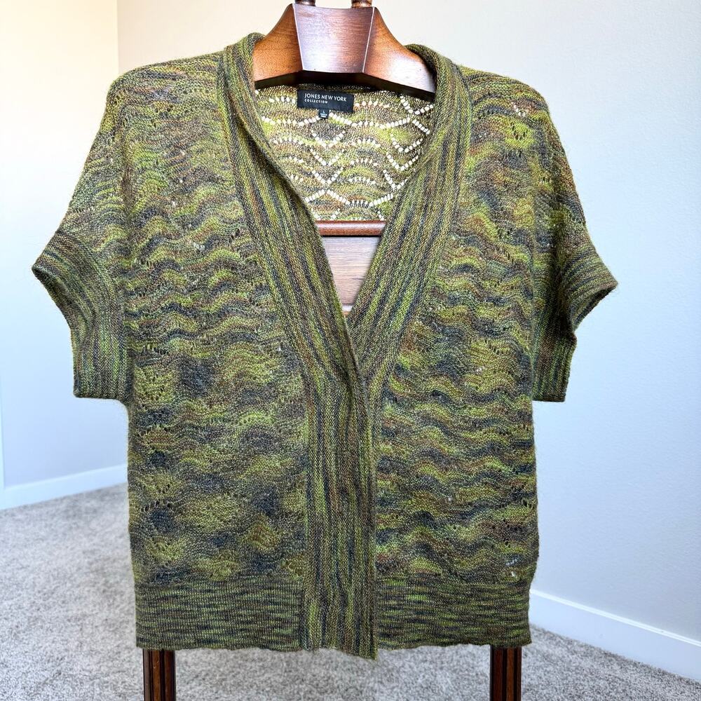 Jones New York Mohair Blend Open Front Cardigan L Olive Green Lace Knit Boho